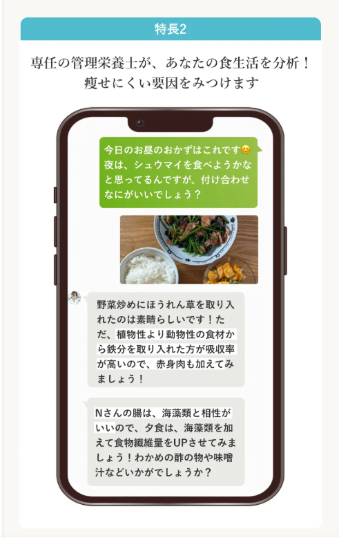 特長2：専任の管理栄養士が、あなたの食生活を分析！痩せにくい要因をみつけます
