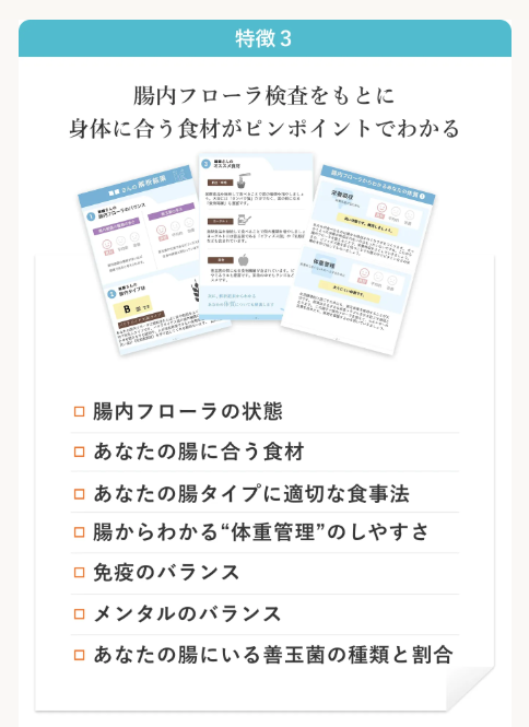 特徴3：腸内フローラ検査をもとに身体に合う食材がピンポイントでわかる